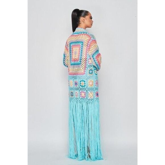 No 1 Los angeles acrylic crochet quilted muti color maxi cardigan sweater duster - Picture 1 of 10